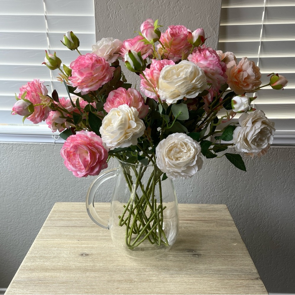 New Clear Glass Vase + 12 Silk 3-head Peonys  | Vase Flowers